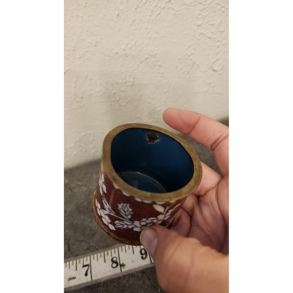 Vintage Chinese Cloisonne Red Floral Enamel Mini Pot Toothpick Holder Decor - Picture 6 of 8